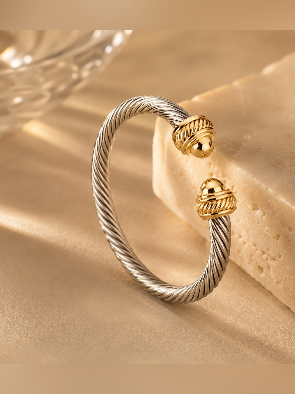Luxury Two-Tone Cable Cuff Bracelet • Gold & Silver Stainless Steel Bangle